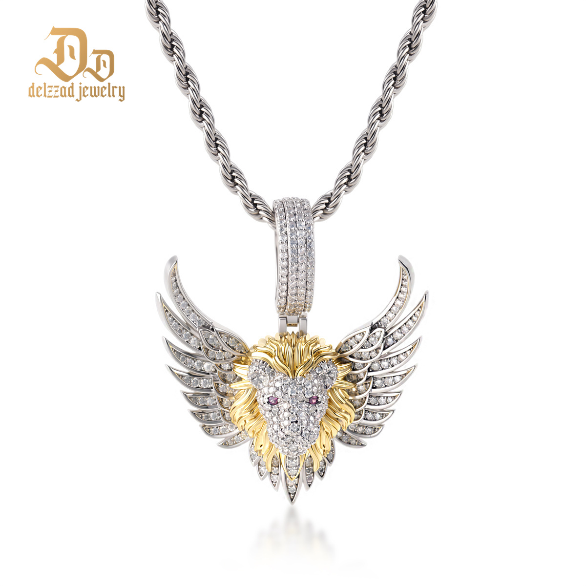 Delzzad Seraphic Roar Pendant Necklace Flying Winged Lion King Crown Face Charm Pendant Chain VVS Synthetic Moissanite Pendant Necklace Jewelry Copper Chain
