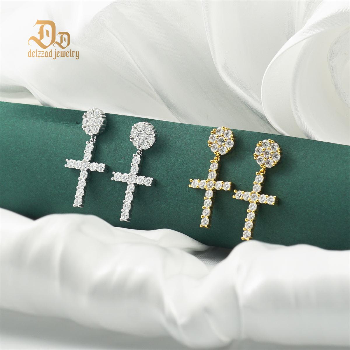 S925 Round VVS Synthetic Moissanite Hip Hop Studded Cross Dangle Earrings Valentine's Day Gift For Men Women