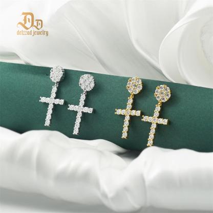 S925 Round VVS Synthetic Moissanite Hip Hop Studded Cross Dangle Earrings Valentine's Day Gift For Men Women