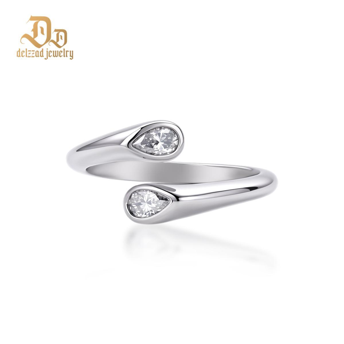 Delzzad 0.7ct Twin Soul Drops Ring Pear Bypass Ring Open Ring Band VVS Synthetic Moissanite Ring Jewelry Copper Band