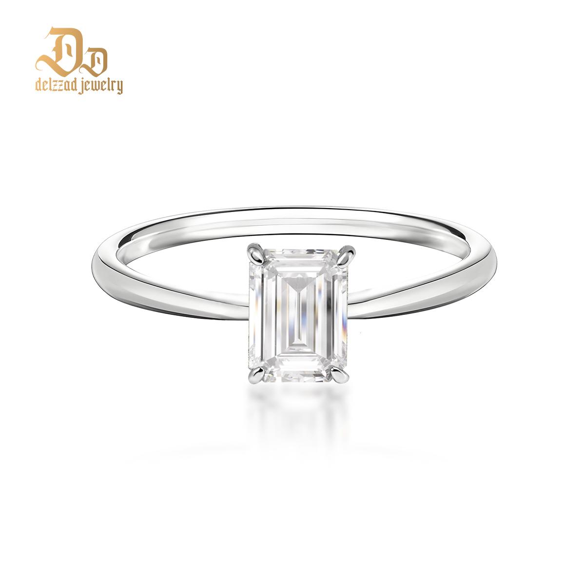 Delzzad S925 1ct Step Cut VVS Synthetic Moissanite Timeless Solitaire Prong Ring Engagement Anniversary Valentine's Day Gifts