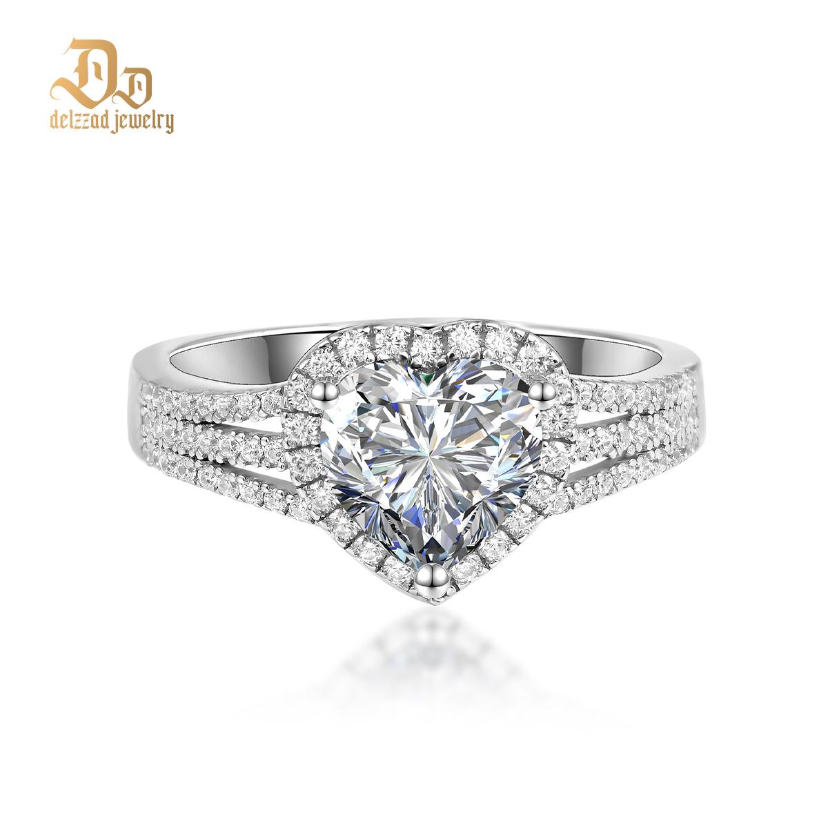 Delzzad 2ct Sparkling Heart Halo Split Ring Synthetic Moissanite S925 Love Ring Band Jewelry for Women Girls