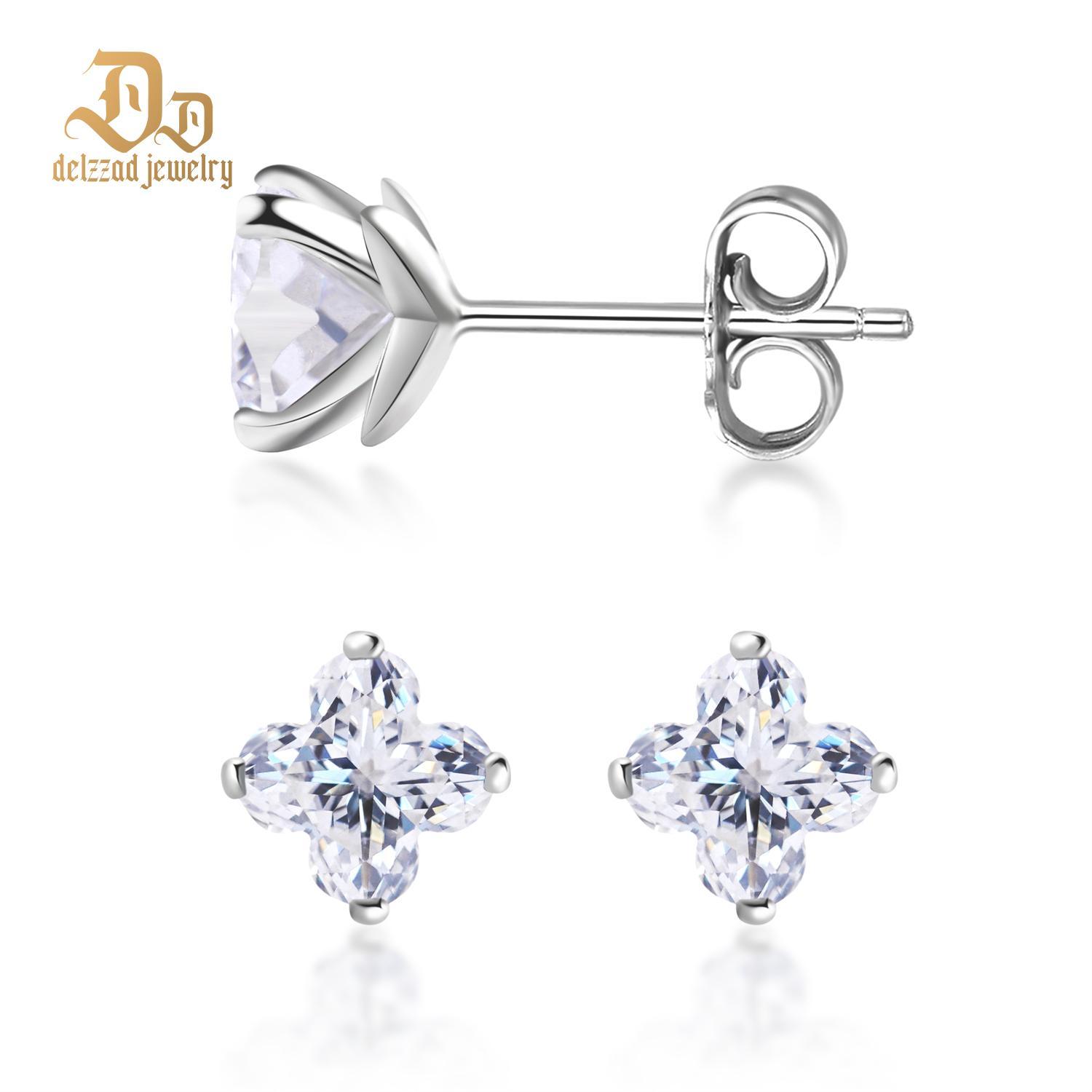 Delzzad S925 Twinkling Four-Leaf Clover Prong Stud Earrings Lab-Create