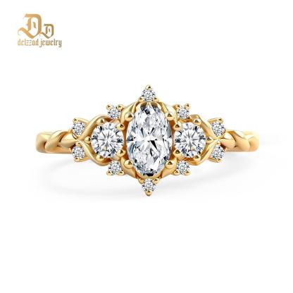 Delzzad 0.7ct Vintage Cluster Marquise Cut Engagement Ring Band VVS Synthetic Moissanite Ring Jewelry S925 Perfect Birthday Engagement Wedding Anniversary Christmas Gift