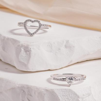 Halo Heart Cut Ring Set Heart Pair Stacking Ring Band D Color VVS Synthetic Moissanite Ring Jewelry Copper Band Wedding Band Engagement Ring Set Promise Ring