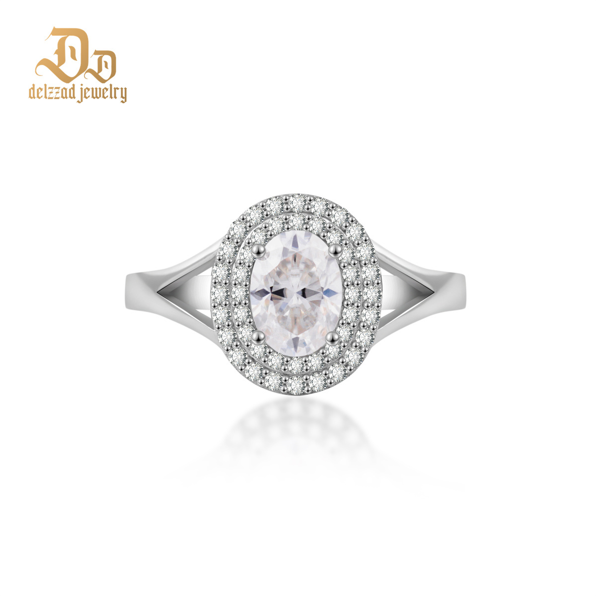 Delzzad 1ct Oval Synthetic Moissanite Double Halo Ring In 925 Sterling Silver Ring Band Jewelry Perfect Birthday Engagement Wedding Anniversary Gift for Women