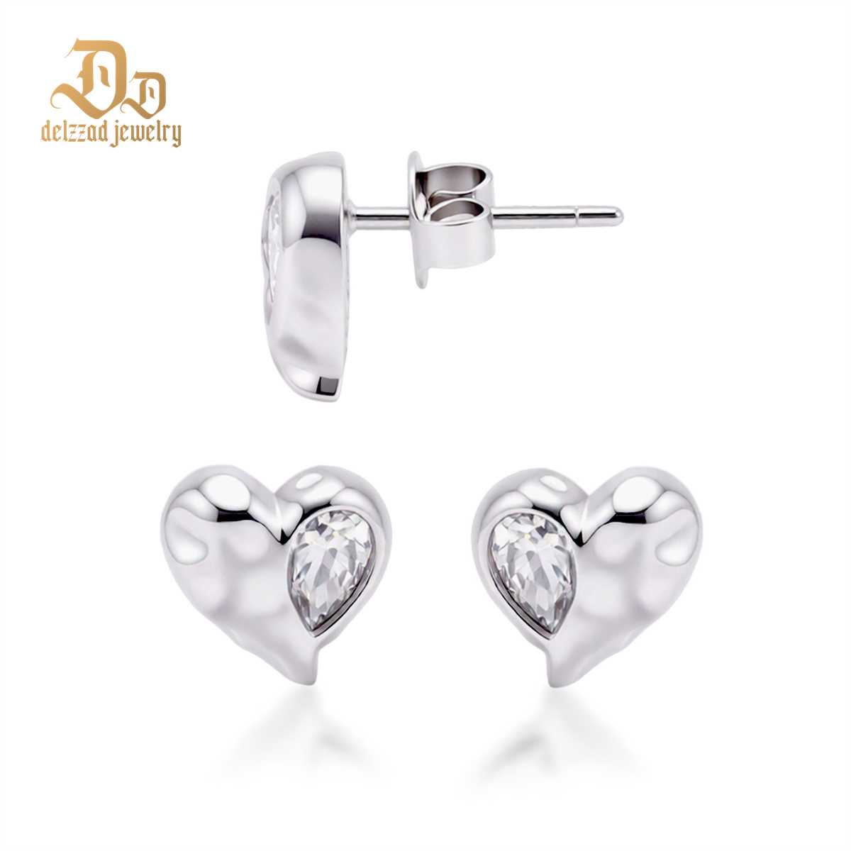 Delzzad Molten Love Stud Earrings Heart Earrings VVS Synthetic Moissanite Earrings Jewelry Copper Studs