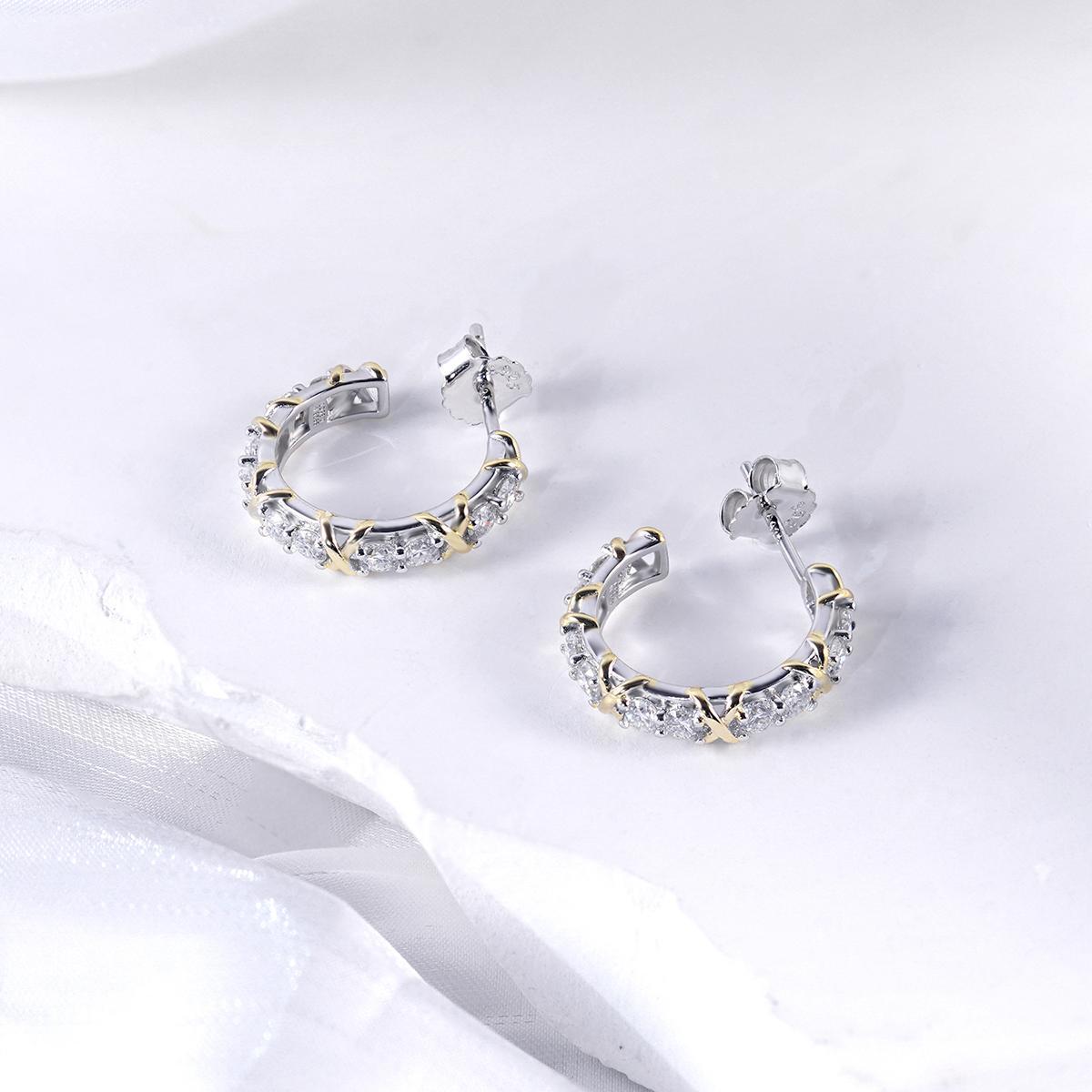 Delzzad Round Dipped Two-Tone Crossover Hoop Earrings S925 & D Color VVS Synthetic Moissanite