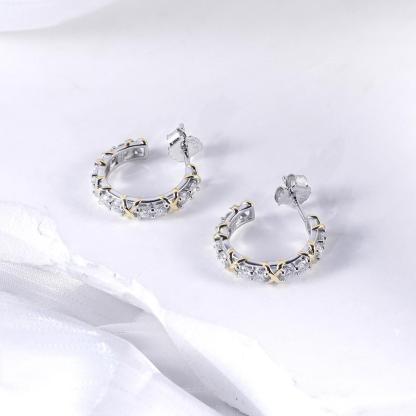 Delzzad Round Dipped Two-Tone Crossover Hoop Earrings S925 & D Color VVS Synthetic Moissanite