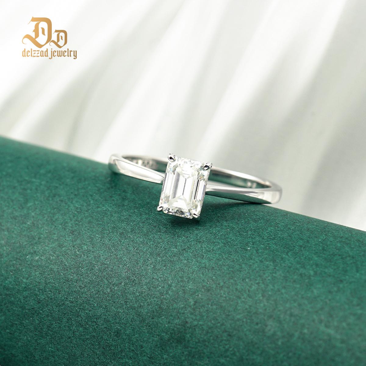 Delzzad S925 1ct Step Cut VVS Synthetic Moissanite Timeless Solitaire Prong Ring Engagement Anniversary Valentine's Day Gifts