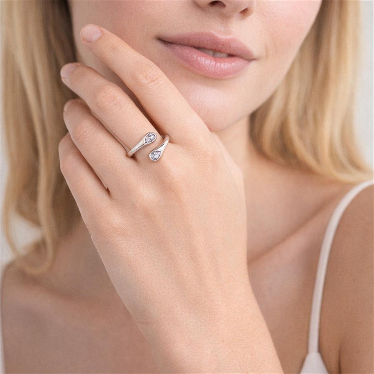Delzzad 0.7ct Twin Soul Drops Ring Pear Bypass Ring Open Ring Band VVS Synthetic Moissanite Ring Jewelry Copper Band