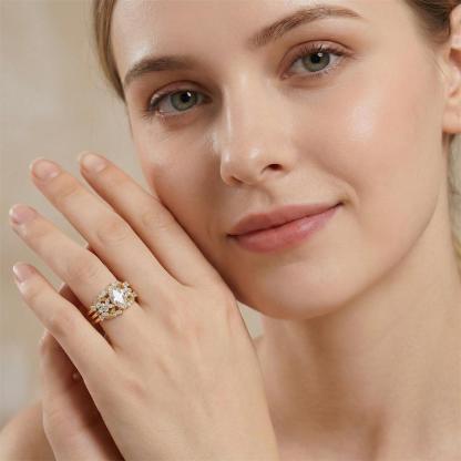 1.6ct Forest Hymn Ring Vintage Moss Agate Band Stackable Ring Cluster Bridal Ring Set VVS Synthetic Moissanite Ring S925 Band