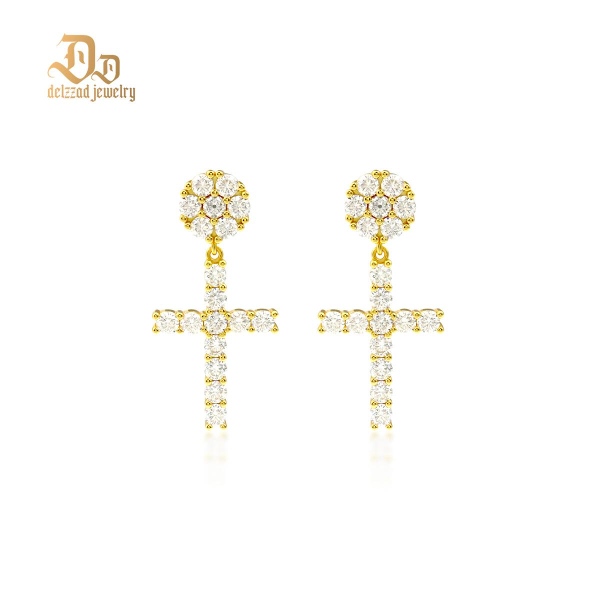S925 Round VVS Synthetic Moissanite Hip Hop Studded Cross Dangle Earrings Valentine's Day Gift For Men Women
