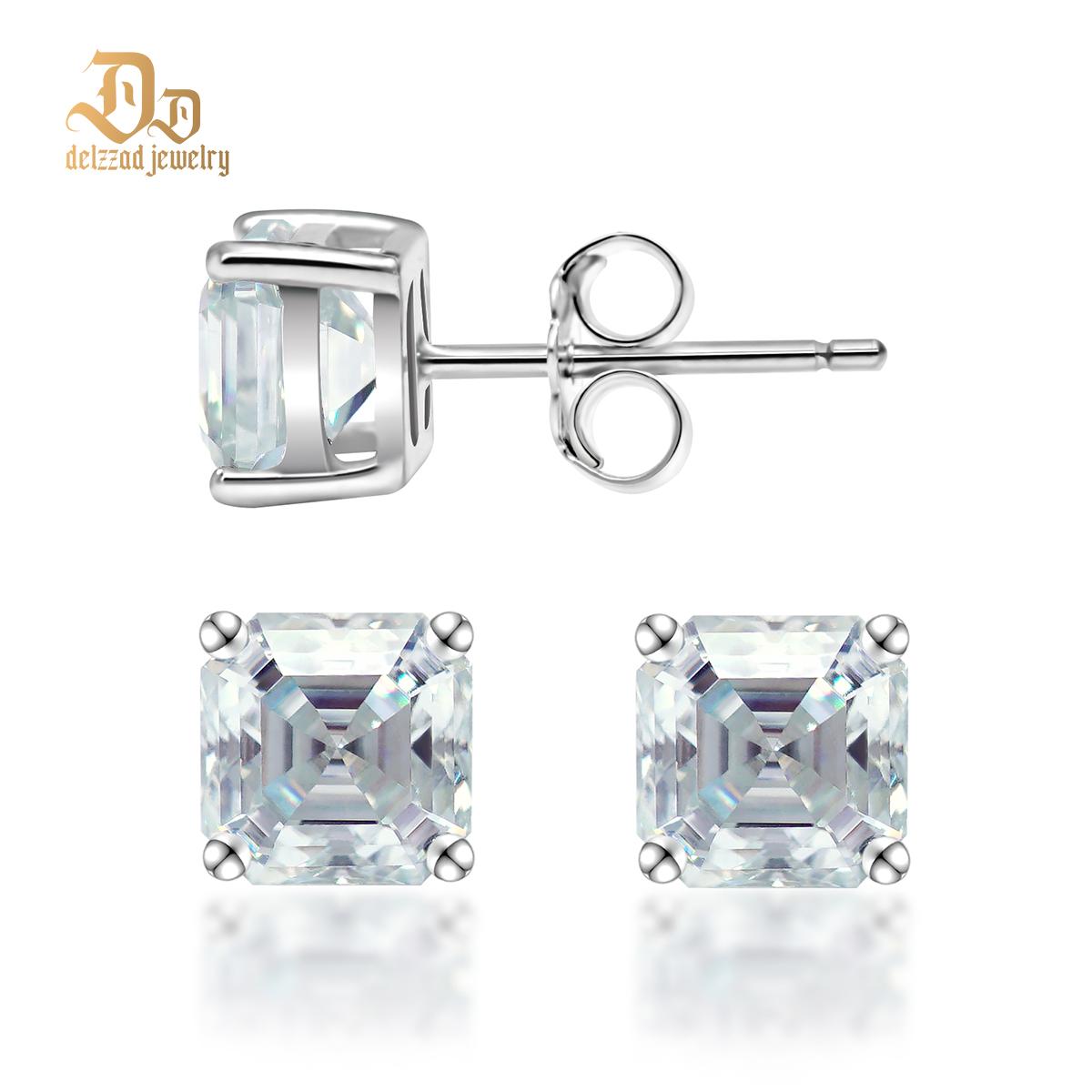 Delzzad S925 Asscher Cut Synthetic Moissanite Prong Stud Earrings For Men Women