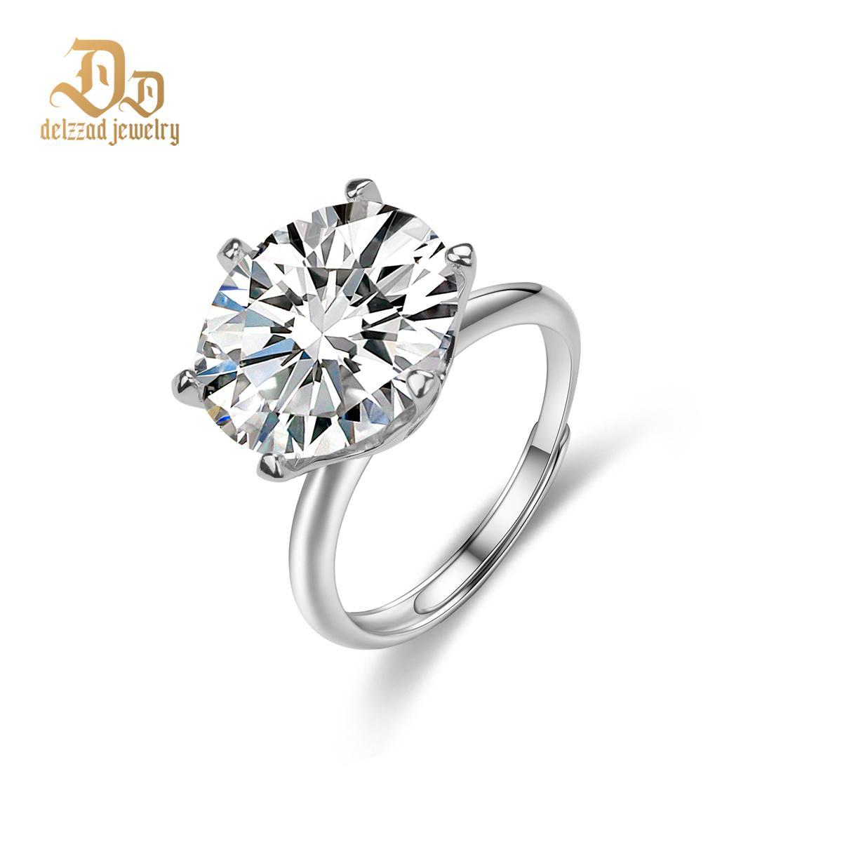 Delzzad 10ct Solitaire Ring Round VVS Synthetic Moissanite Ring Band S925 Christmas Gift