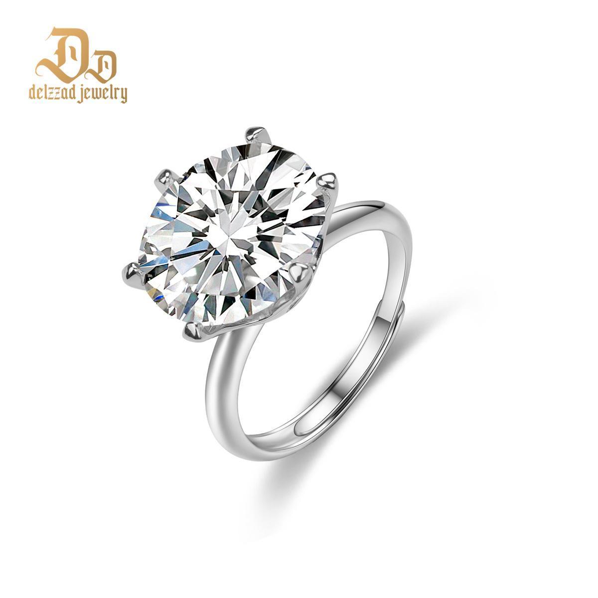 Delzzad 10ct Solitaire Ring Round VVS Synthetic Moissanite Ring Band S925 Christmas Gift