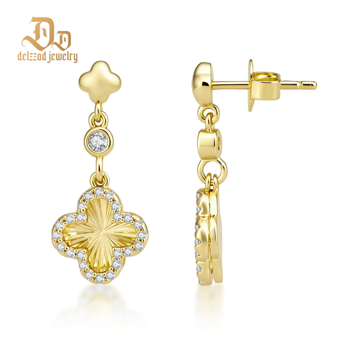 【Aura of Solis】Delzzad Halo Clover Necklace Four-Leaf Dangle Earrings VVS Synthetic Moissanite Pendant Earrings Jewelry Set Copper Chain