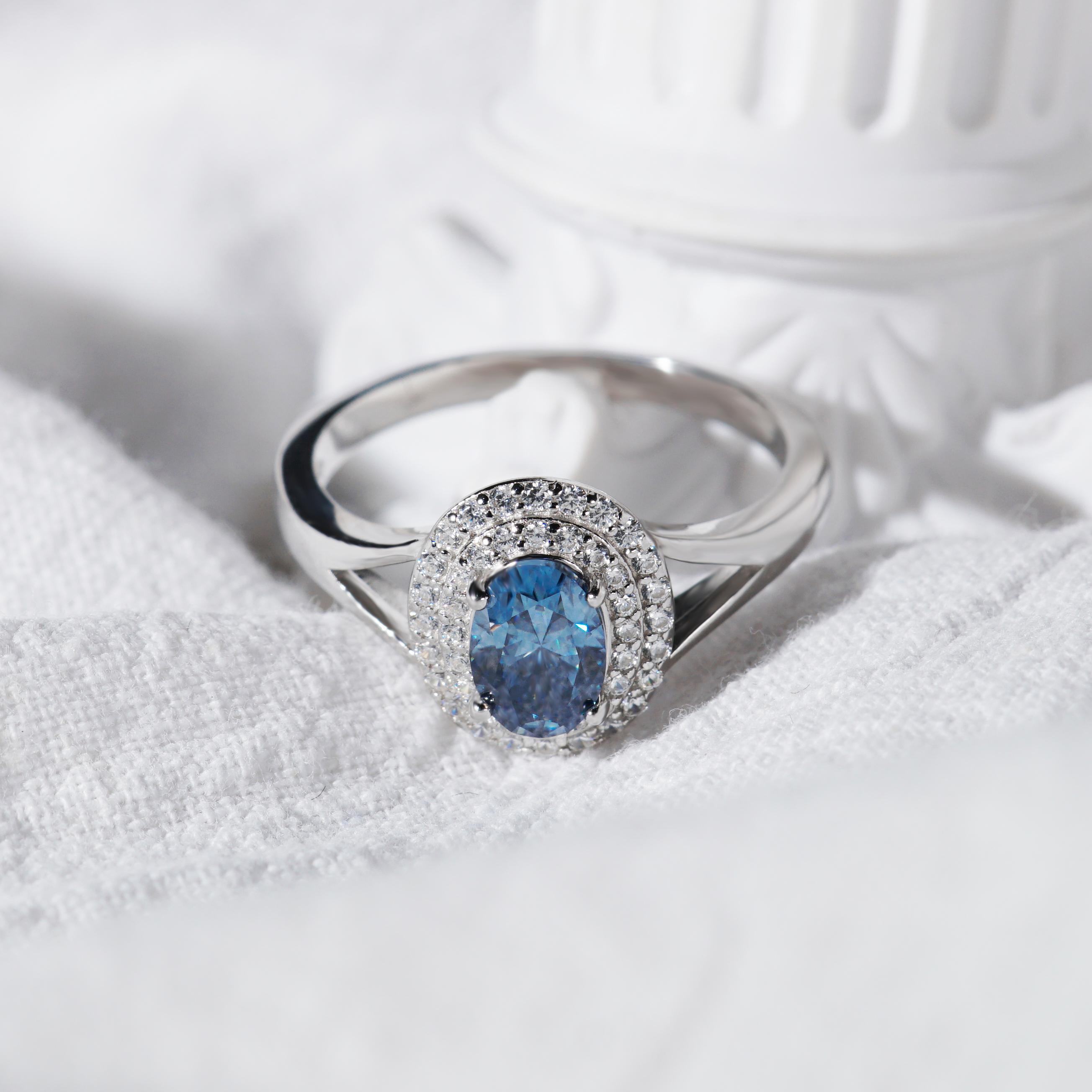 Delzzad 1ct Oval Synthetic Moissanite Double Halo Ring In 925 Sterling Silver Ring Band Jewelry Perfect Birthday Engagement Wedding Anniversary Gift for Women