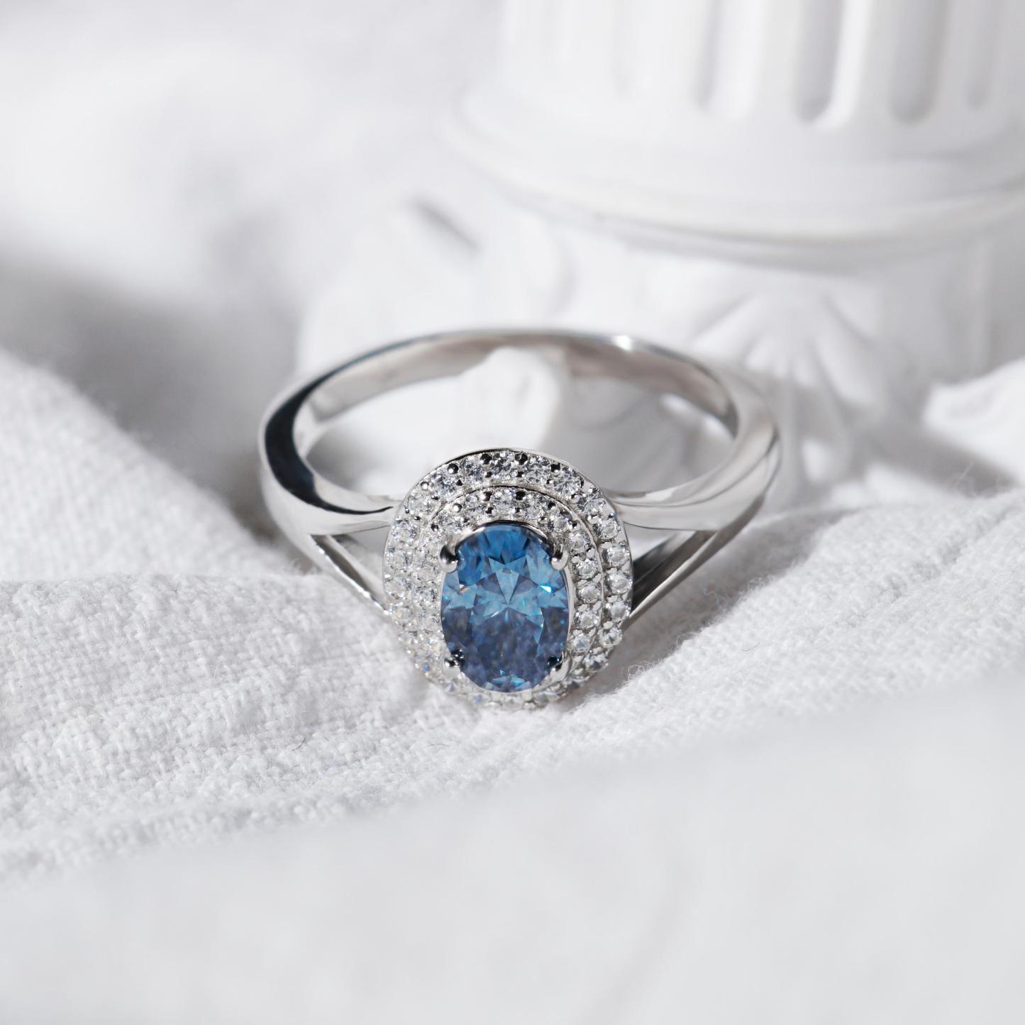 Delzzad 1ct Oval Synthetic Moissanite Double Halo Ring In 925 Sterling Silver Ring Band Jewelry Perfect Birthday Engagement Wedding Anniversary Gift for Women