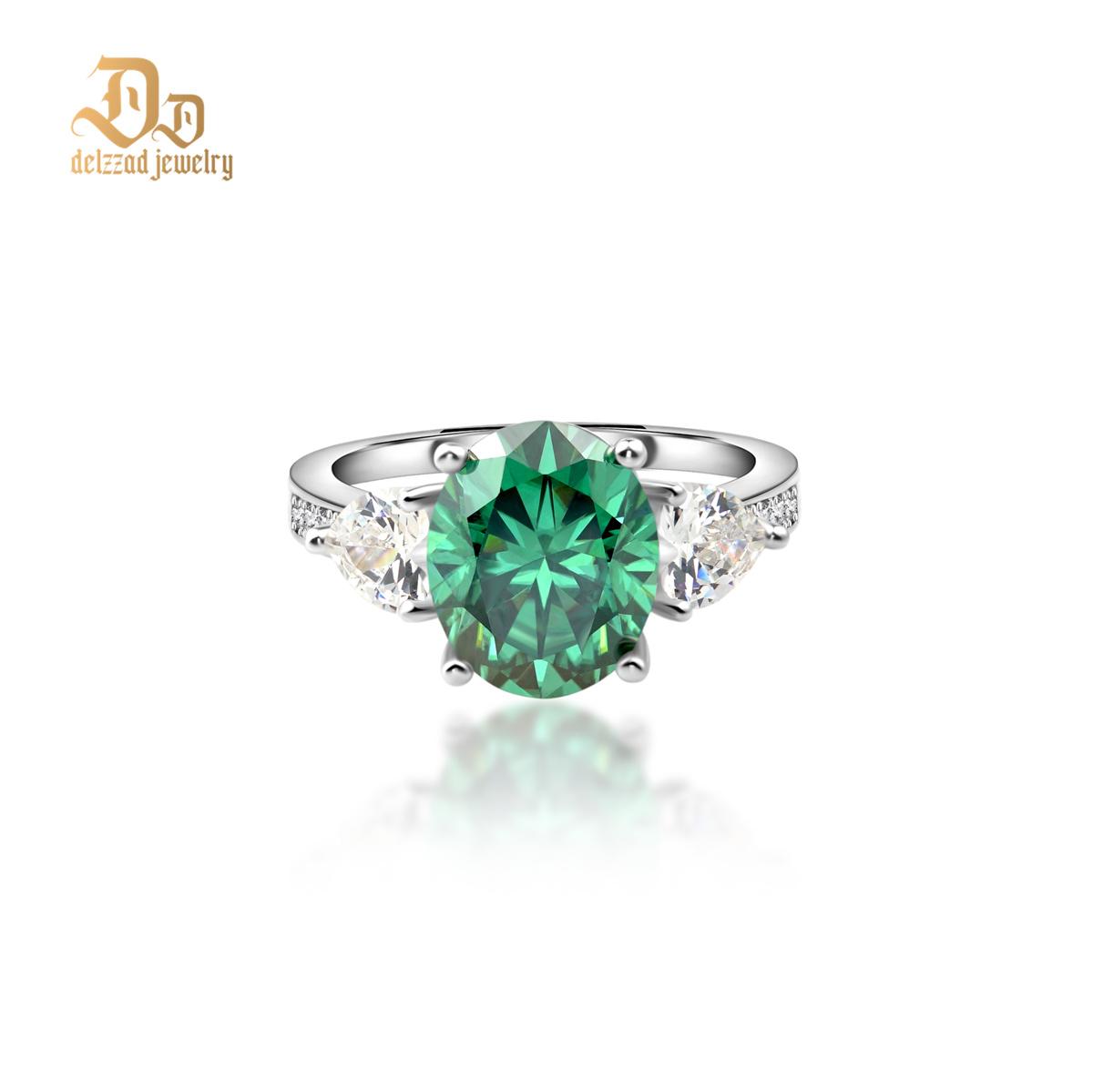 Delzzad 5ct Oval Synthetic Moissanite Three Stones Ring In 925 Sterling Silver