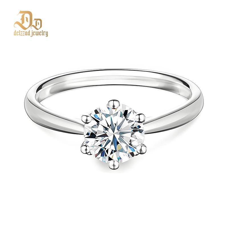 Delzzad S925 1-2ct Round VVS Synthetic Moissanite Classic Six-Prong Ring Band Anniversary Valentine's Day Gifts