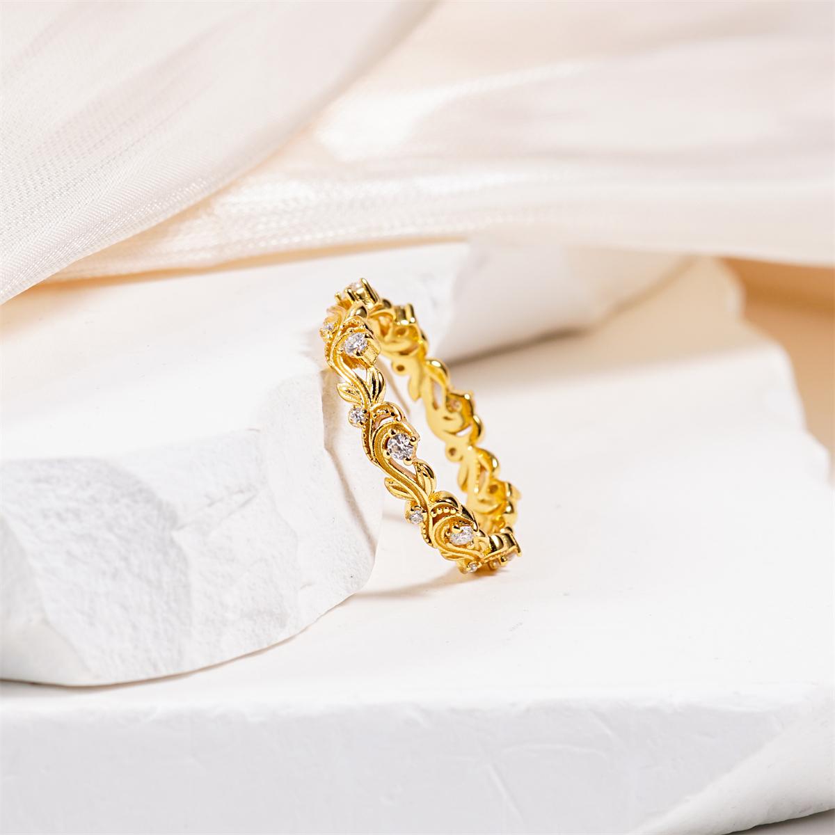 Delzzad Golden Vine Eternity Ring Floral Band Engagement Ring Synthetic Moissanite Band Ring Jewelry S925 Band