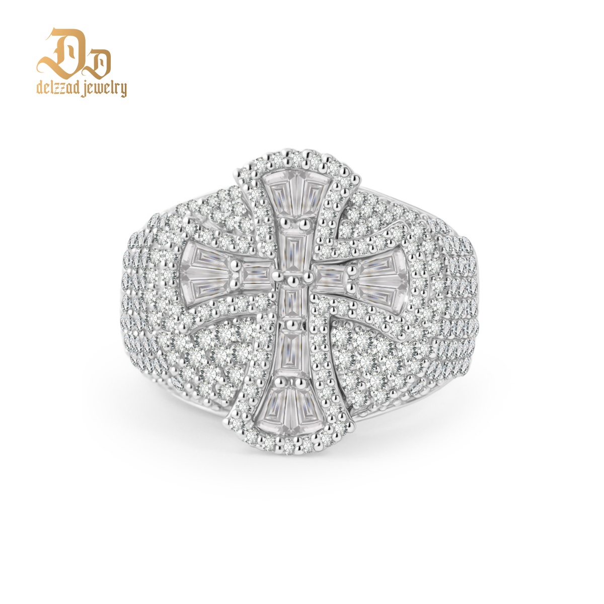 2ct Eternal Pillar Ring Fully Iced Out Ring Hip Hop Gothic Cross Ring VVS Synthetic Moissanite Ring Jewelry Copper Band
