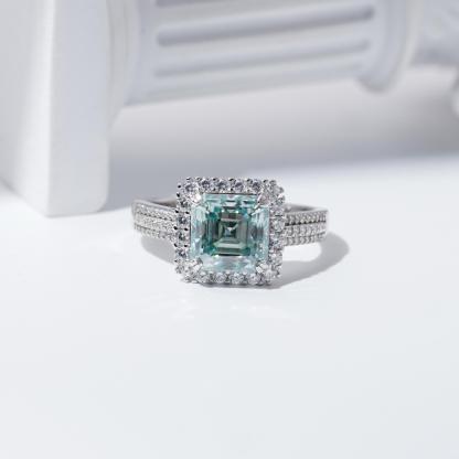 Delzzad 2.5ct Paraiba Asscher Synthetic Moissanite Halo Ring S925 Ring Band Jewelry Perfect Birthday Engagement Wedding Anniversary Gift