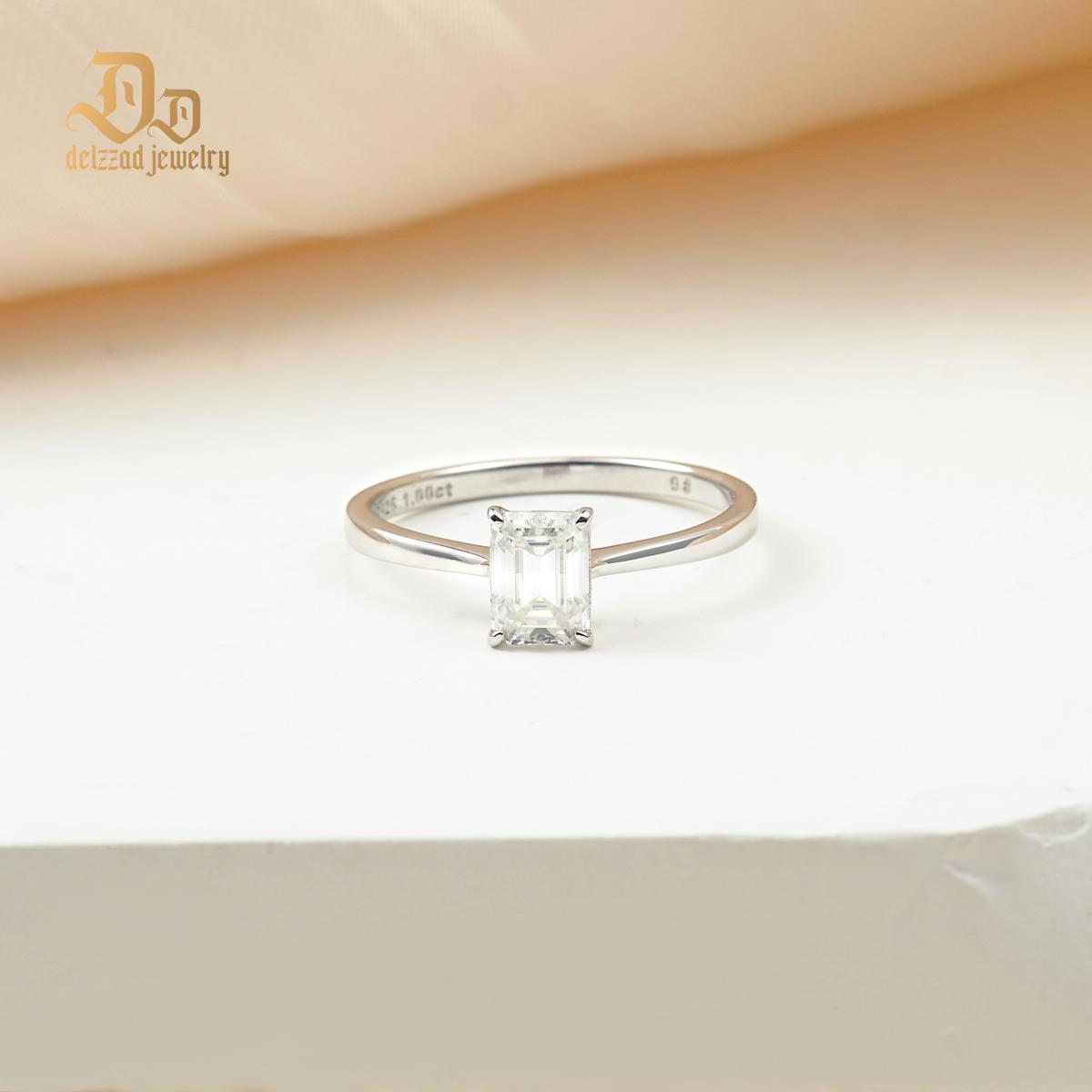 Delzzad S925 1ct Step Cut VVS Synthetic Moissanite Timeless Solitaire Prong Ring Engagement Anniversary Valentine's Day Gifts