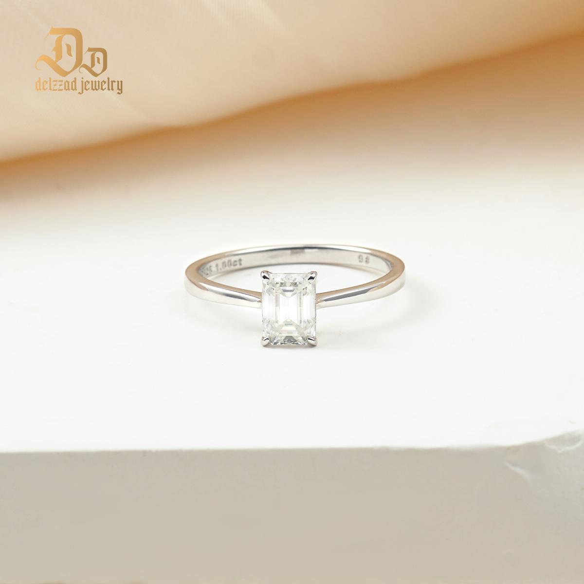 Delzzad S925 1ct Step Cut VVS Synthetic Moissanite Timeless Solitaire Prong Ring Engagement Anniversary Valentine's Day Gifts