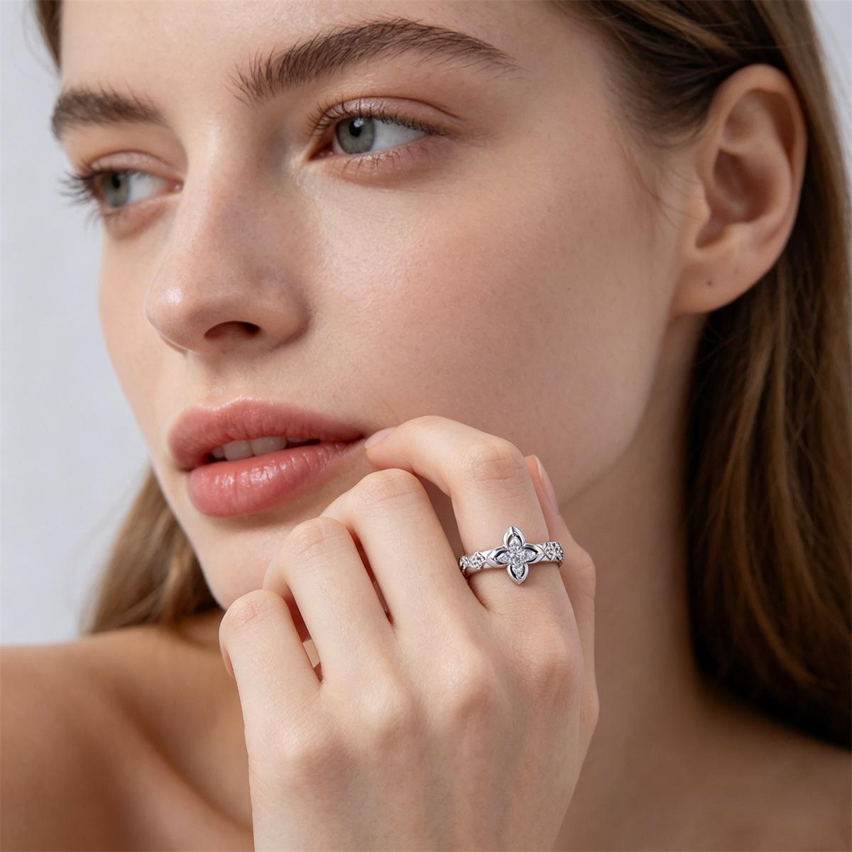 Delzzad 0.2ct Guiding Light Flora Ring Four Leaf Ring Band Clover Ring Petals of Grace VVS Synthetic Moissanite Ring Jewelry Copper Band
