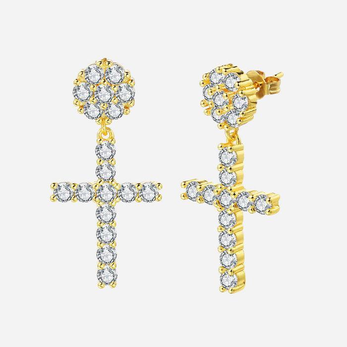 S925 Round VVS Synthetic Moissanite Hip Hop Studded Cross Dangle Earrings Valentine's Day Gift For Men Women