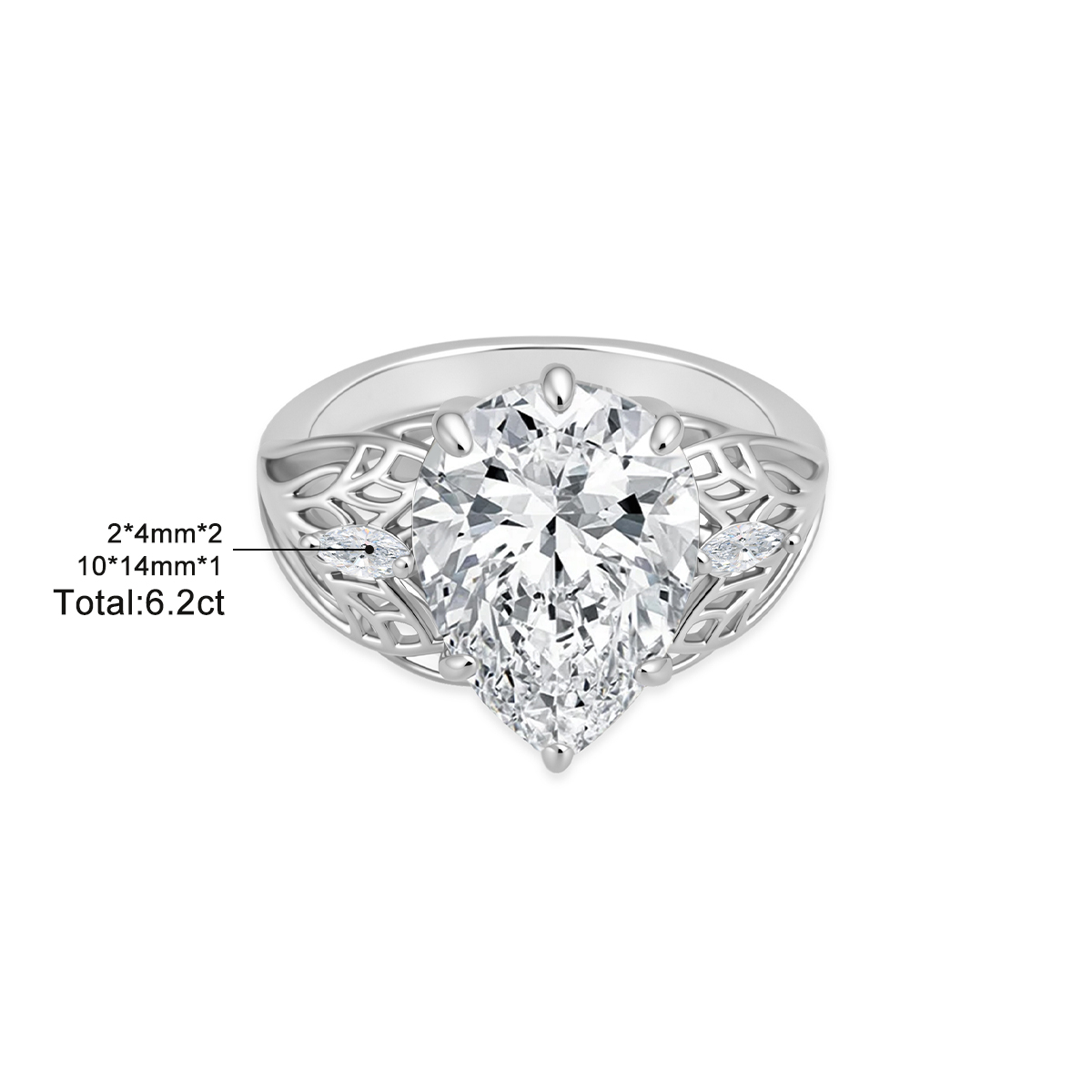 14K Gold-Plated 6.2ct The Kaleido-Teardrop Ring Three Stone Ring Band VVS Synthetic Moissanite Ring Jewelry