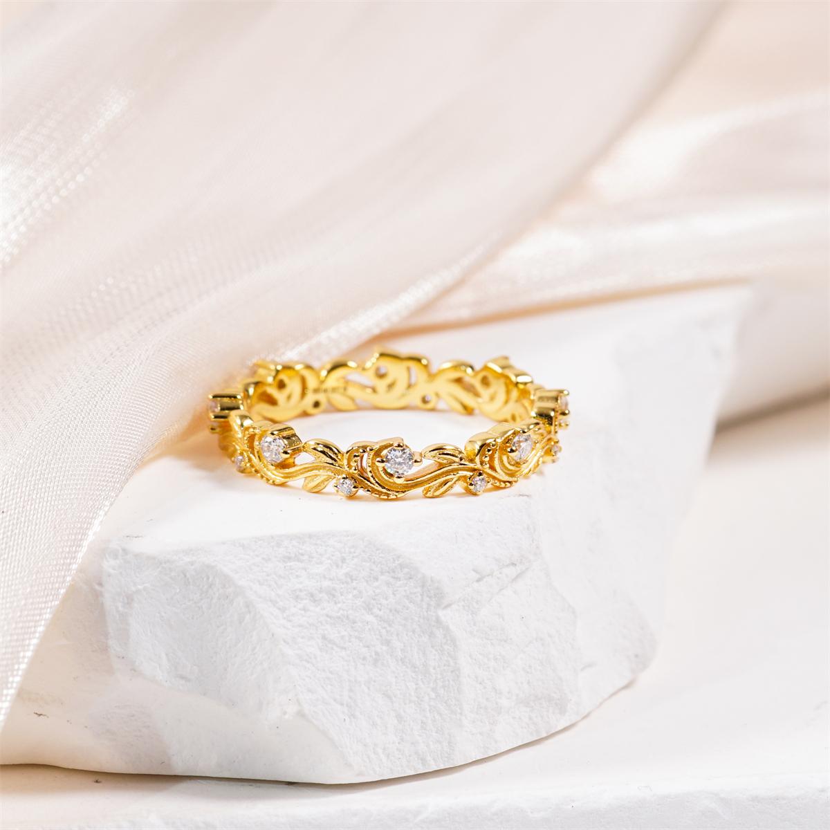 Delzzad Golden Vine Eternity Ring Floral Band Engagement Ring Synthetic Moissanite Band Ring Jewelry S925 Band