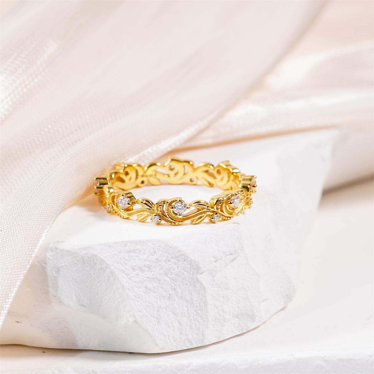 Delzzad Golden Vine Eternity Ring Floral Band Engagement Ring Synthetic Moissanite Band Ring Jewelry S925 Band