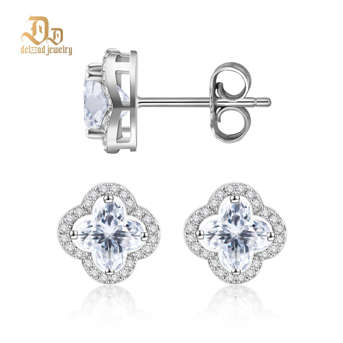 Delzzad Sparkling Iced-Out Clover Earrings Lab-Created Moissanite Stud Earring S925 Sterling Silver Moissanite Jewelry Engagement Wedding Anniversary Perfect Gifts