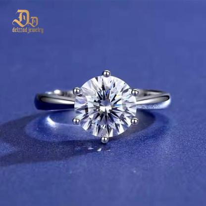Delzzad S925 1-2ct Round VVS Synthetic Moissanite Classic Six-Prong Ring Band Anniversary Valentine's Day Gifts