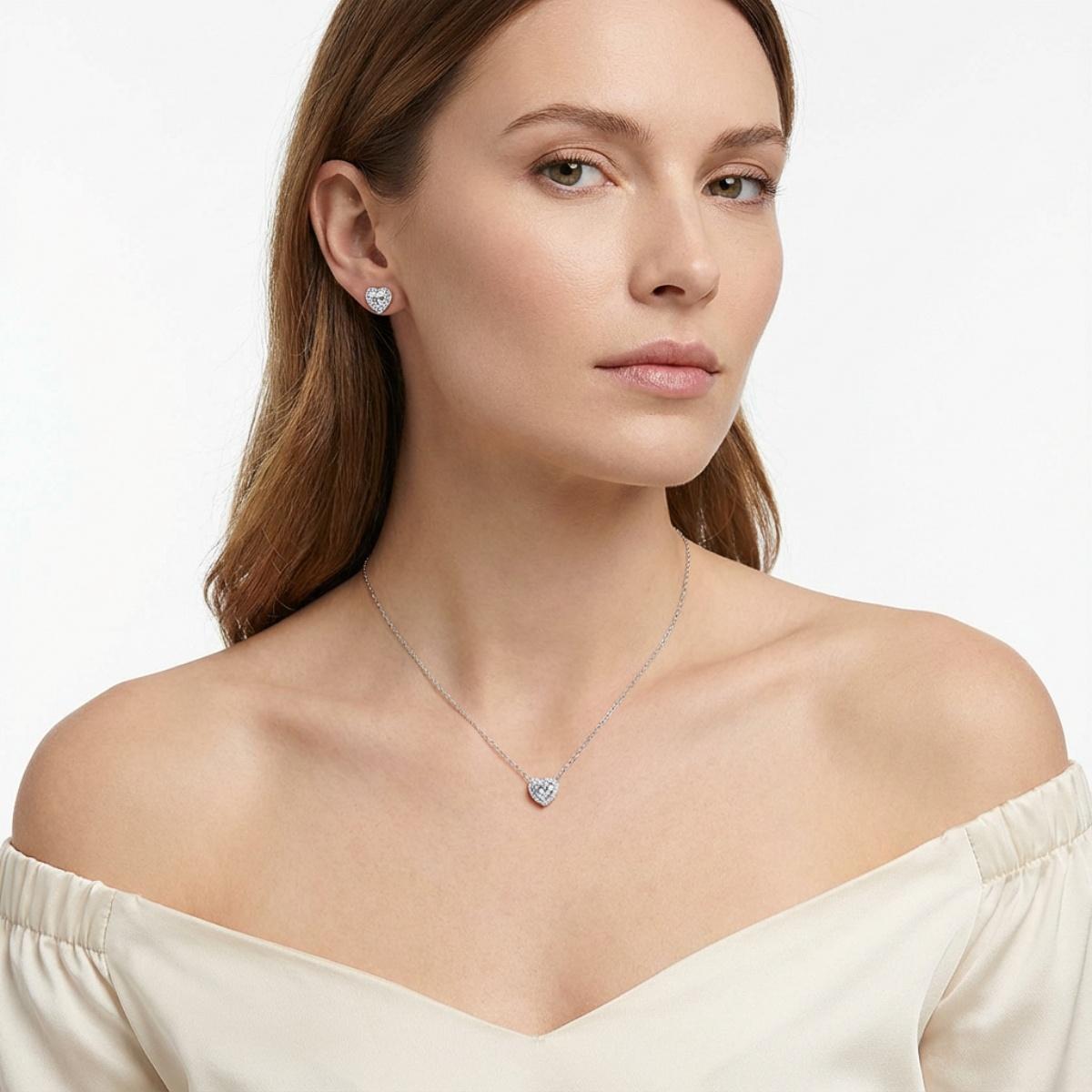 ??Stellar Heart? Set??Delzzad Halo Heart Stud Earrings Endless Love Pendant Necklace Jewelry Set Synthetic Moissanite S925 Necklace Earrings Jewelry Set