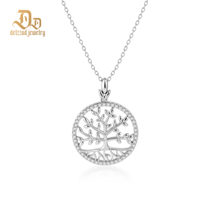 Delzzad 0.75ct Radiant Soul Tree Necklace Tree of Life Circle Pendant Chain VVS Synthetic Moissanite Pendant Jewelry Copper