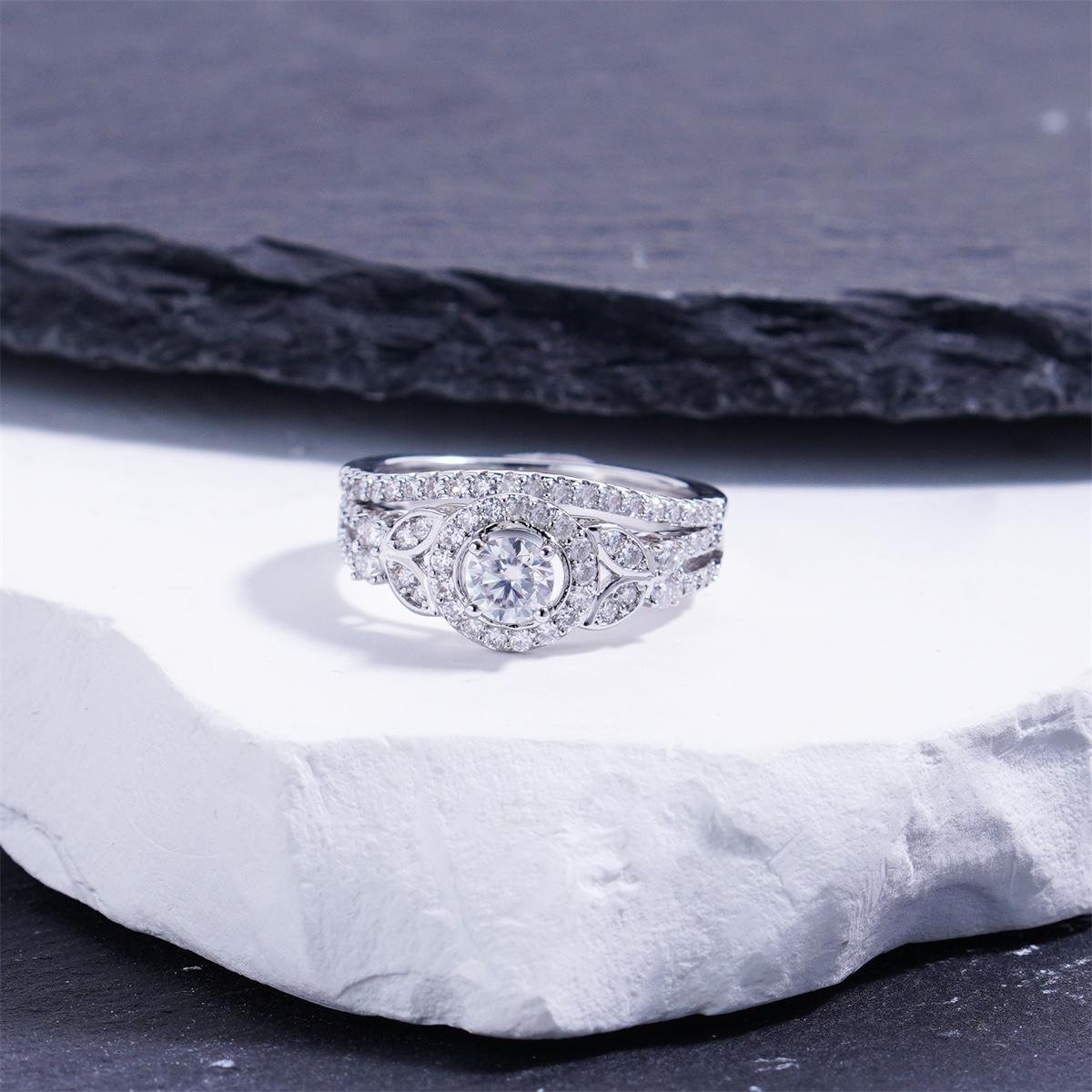 Delzzad 1.1ct A Galaxy for My Star Ring Vintage Bridal Set Halo Wedding Band Ring VVS Synthetic Moissanite Ring Jewelry Copper Band