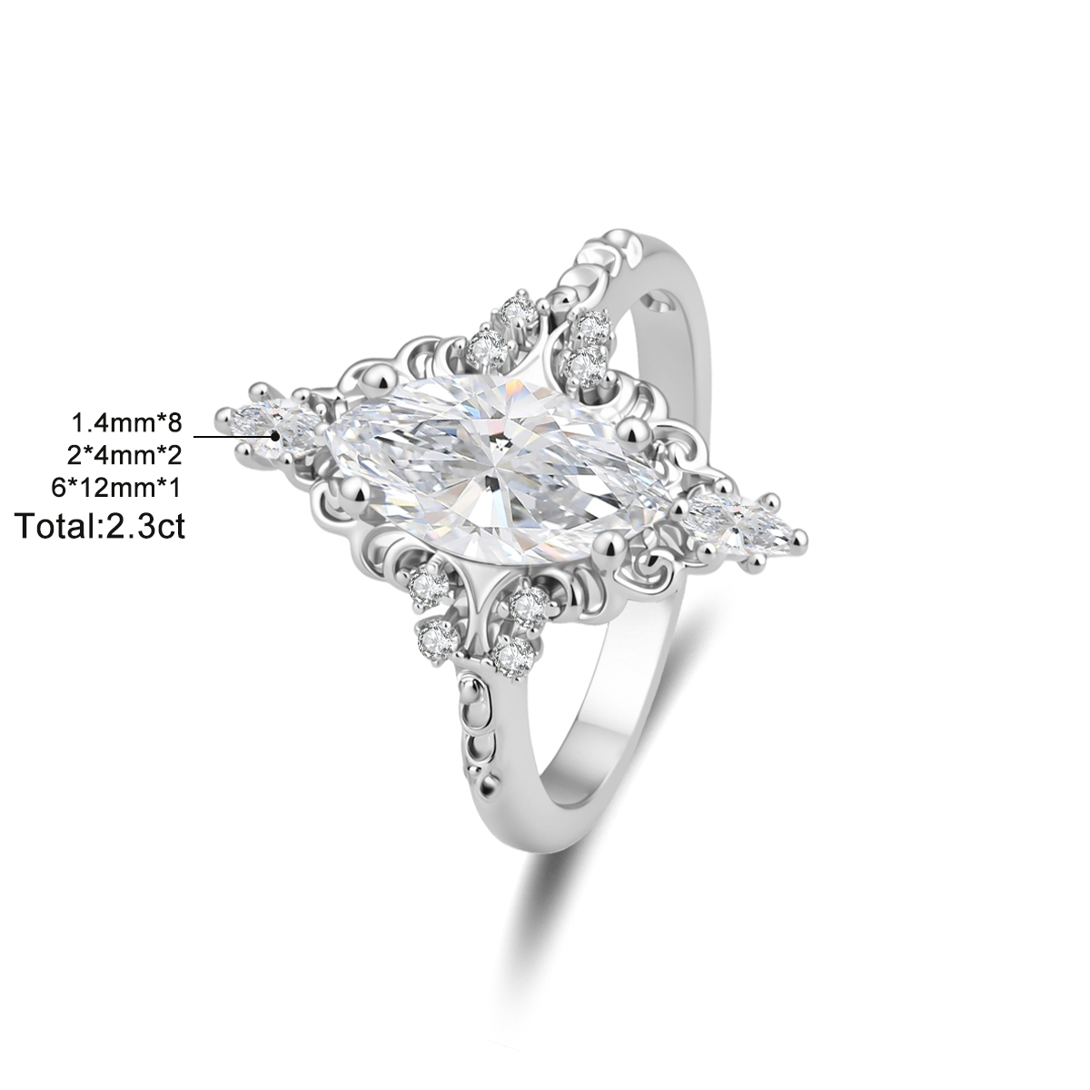 14K Gold-Plated 2.3ct The Versailles Marquise Ring Whispering Scrolls Band Ring VVS Synthetic Moissanite Ring Jewelry
