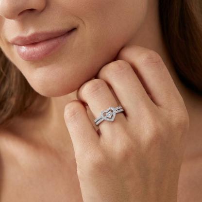 Halo Heart Cut Ring Set Heart Pair Stacking Ring Band D Color VVS Synthetic Moissanite Ring Jewelry Copper Band Wedding Band Engagement Ring Set Promise Ring