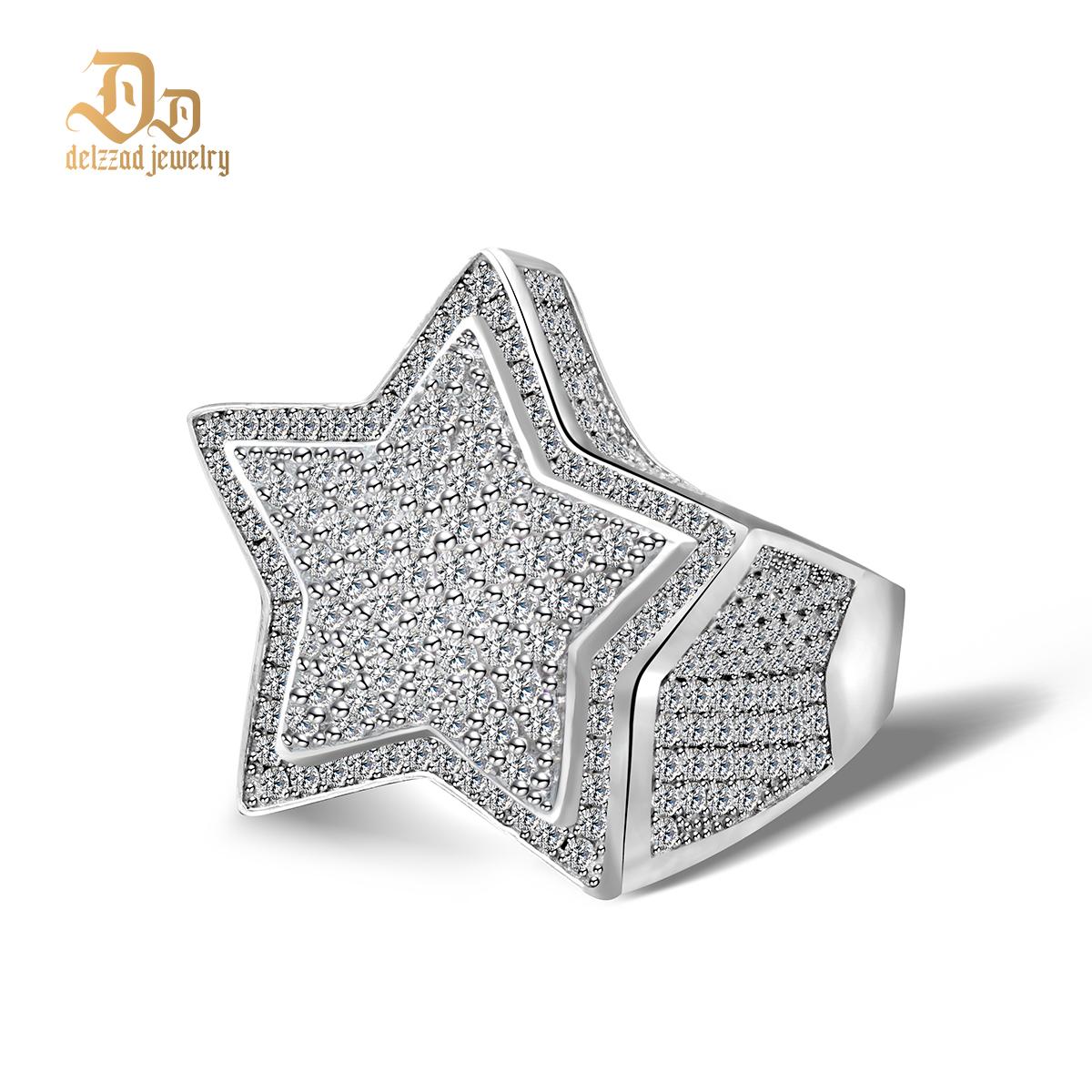 Delzzad S925 Round VVS Synthetic Moissanite Hip Hop Iced Out Stars Bling Pentagram Band Ring Valentine's Day Gifts for Men