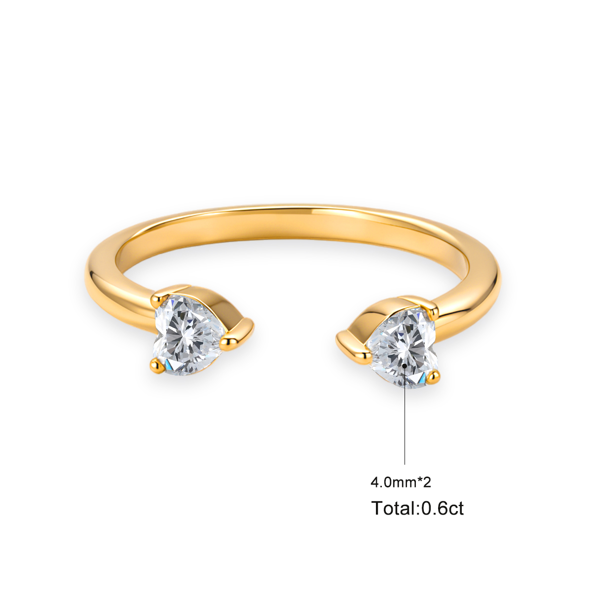 Delzzad 0.6ct Double Heart Drift Ring Open Nesting Ring with Two Hearts Synthetic Moissanite Ring Copper Band