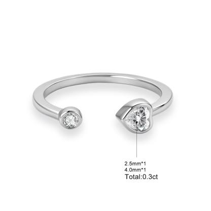 Delzzad 0.3ct The Whimsical Duo Open Ring Adjustable Heart Ring Band VVS Synthetic Moissanite Ring Jewelry Copper Band