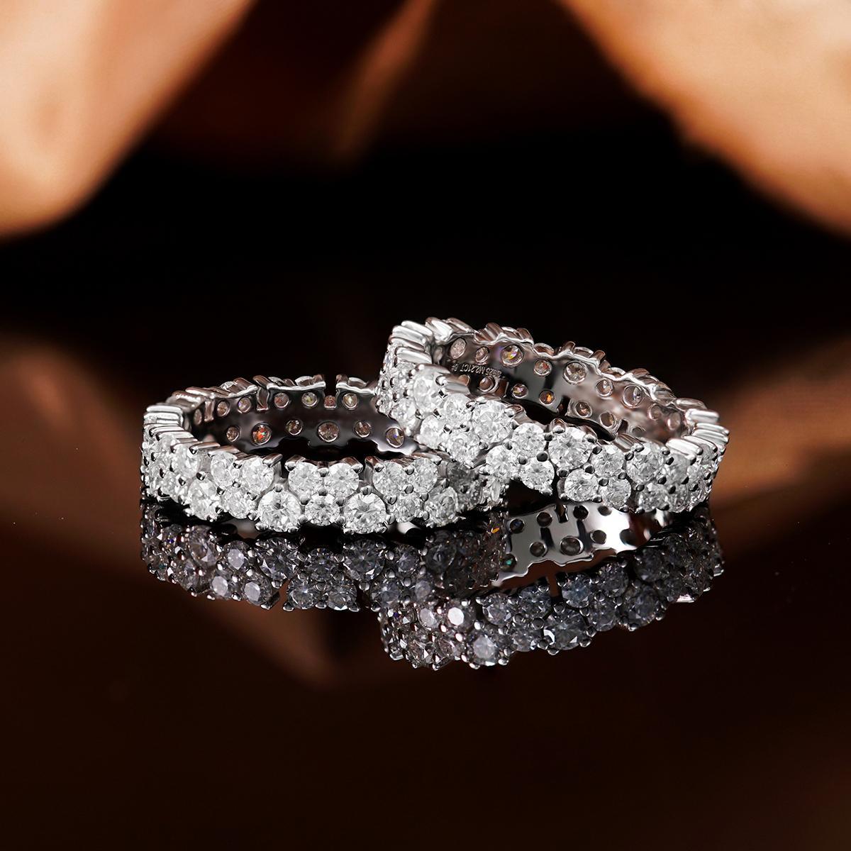 Delzzad Dazzling Double Row Eternity Ring Synthetic Moissanite S925 Ring Band Jewelry Perfect Birthday Bridal Engagement Ring Promise Gifts for Her Wedding Set