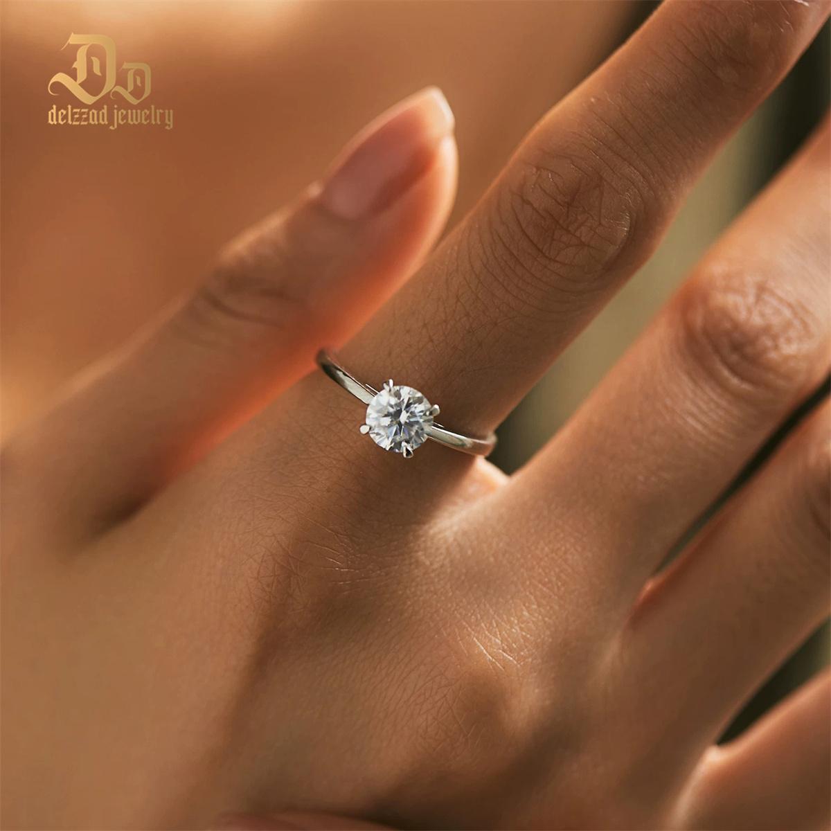 Delzzad S925 1-2ct Round VVS Synthetic Moissanite Solitaire Four-Prong Ring Band Engagement Wedding Valentine's Day Gifts For Her
