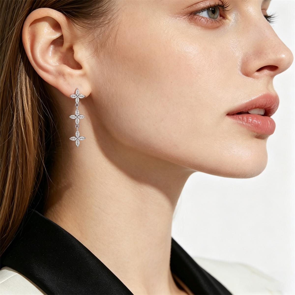 Delzzad Floral Cascade Drop Dangle Earrings Floating Poem Drop Earrings Marquise Cut Flower Earrings VVS Synthetic Moissanite Earrings Jewelry Copper Studs