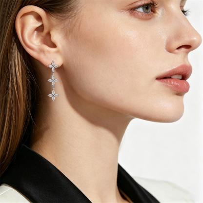 Delzzad Floral Cascade Drop Dangle Earrings Floating Poem Drop Earrings Marquise Cut Flower Earrings VVS Synthetic Moissanite Earrings Jewelry Copper Studs