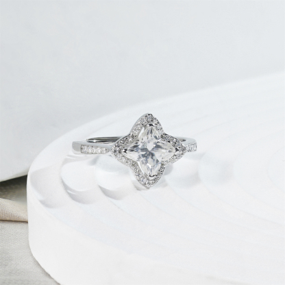 Delzzad Adjustable Luxury Clover Cluster Ring Lab-Created Moissanite Engagement Ring S925 Sterling Silver Moissanite Jewelry Perfect Gift